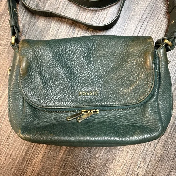 Fossil Leather Crossbody Purse - forest green leather, gold hardware. - Picture 3 of 14